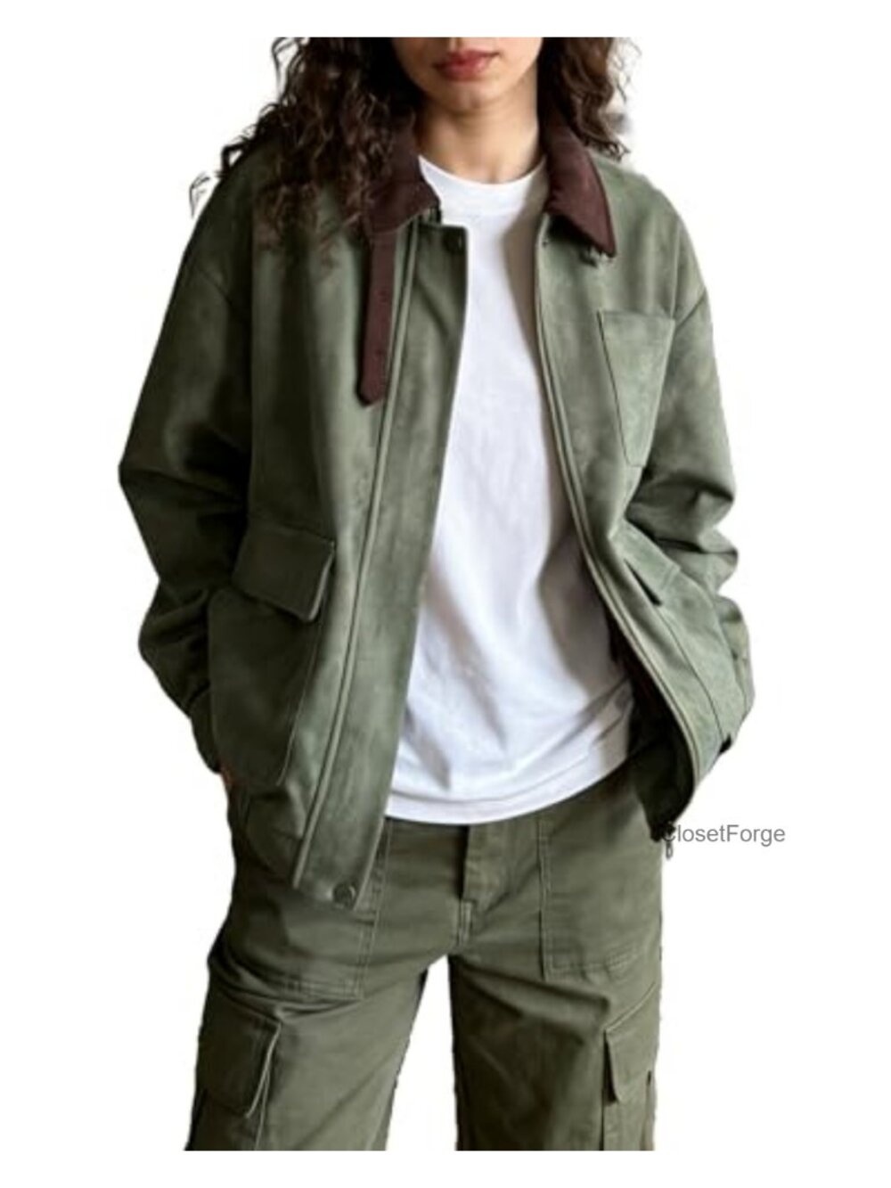 Faux Suede Bomber Jacket Oversized Barn Coat Corduroy Collar